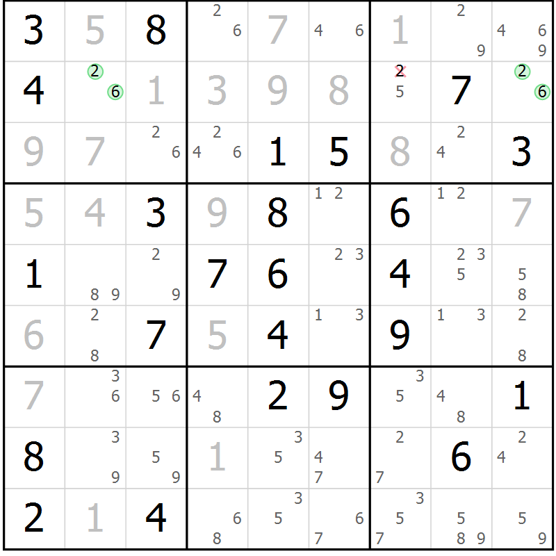 Position des candidats pour la solution de la Gr 56 page 59 du magazine de sudoku Maestro n° 104