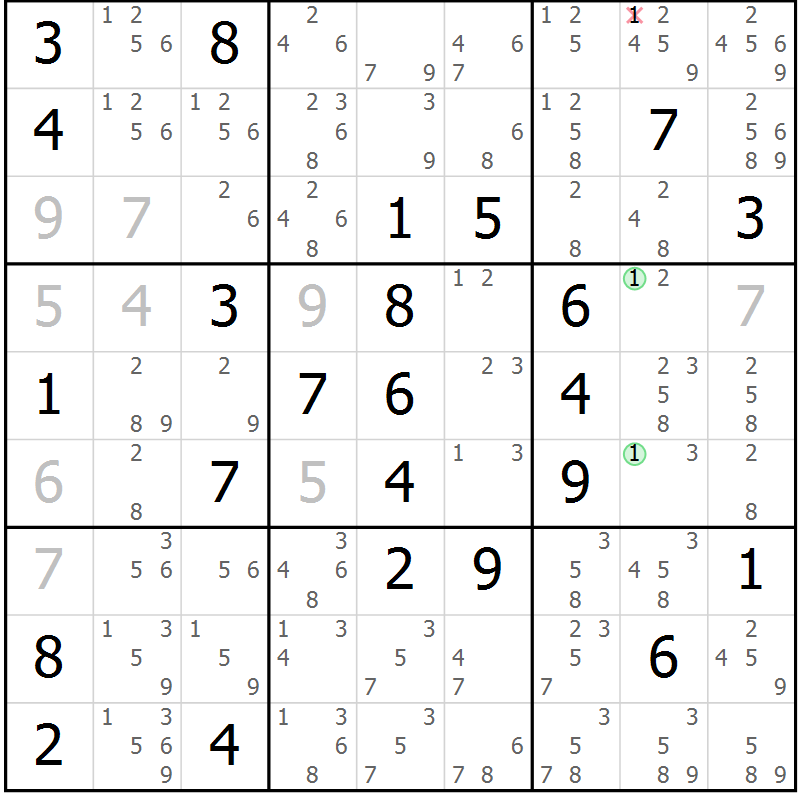 Position des candidats pour la solution de la Gr 56 page 59 du magazine de sudoku Maestro n° 104