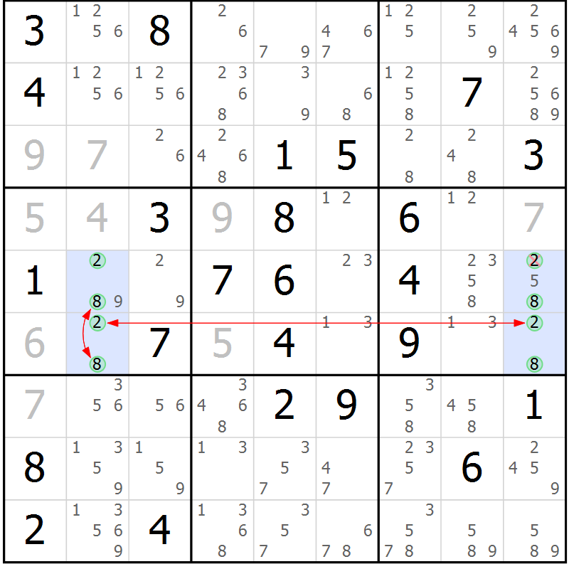 Position des candidats pour la solution de la Gr 56 page 59 du magazine de sudoku Maestro n° 104