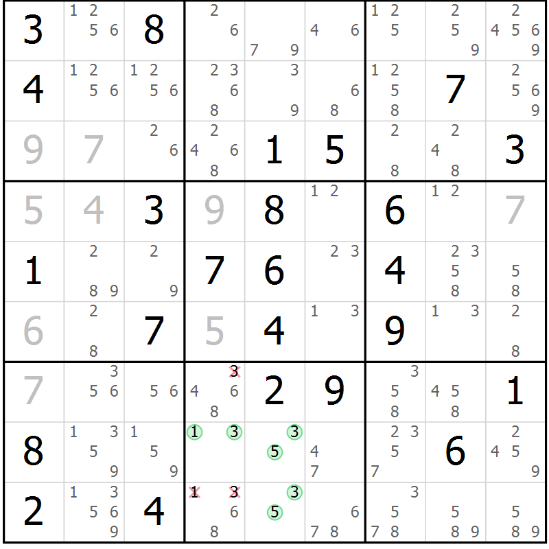 Position des candidats pour la solution de la Gr 56 page 59 du magazine de sudoku Maestro n° 104