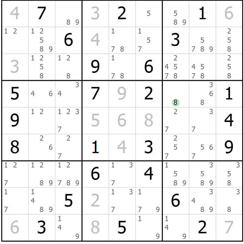 Position des candidats pour la solution de la Gr 58 page 61 du magazine de sudoku Maestro n° 104