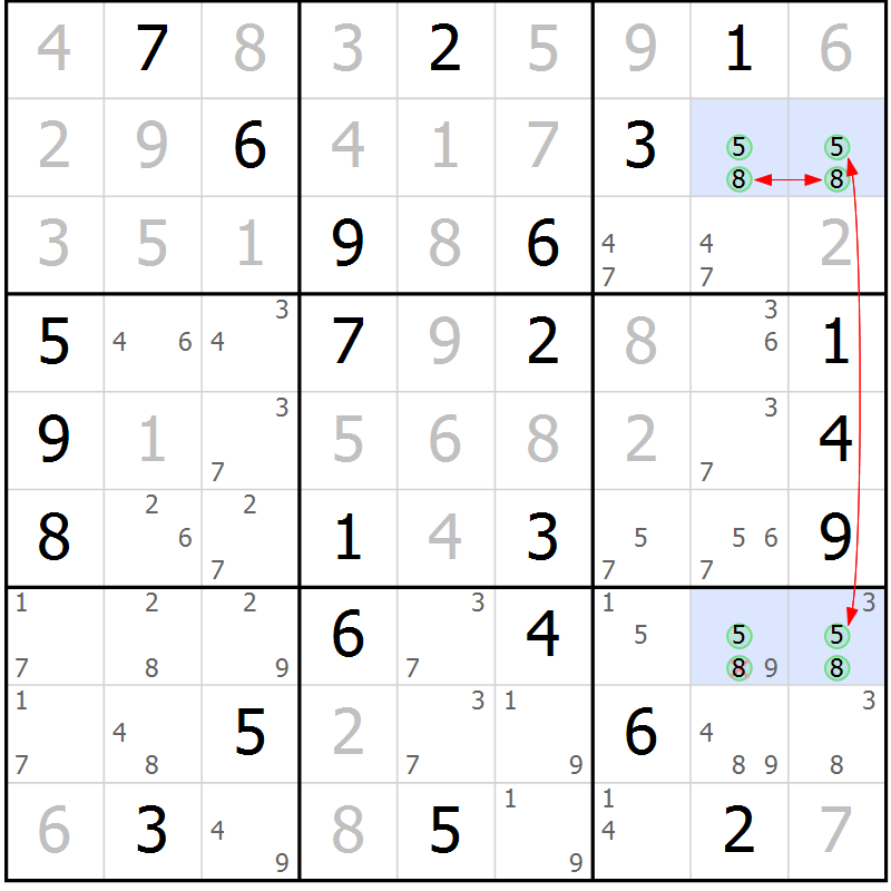 Position des candidats pour la solution de la Gr 58 page 61 du magazine de sudoku Maestro n° 104