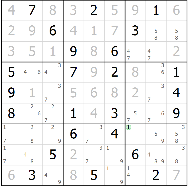 Position des candidats pour la solution de la Gr 58 page 61 du magazine de sudoku Maestro n° 104