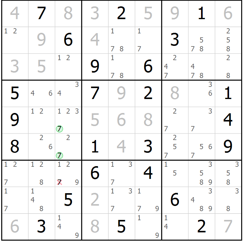 Position des candidats pour la solution de la Gr 58 page 61 du magazine de sudoku Maestro n° 104