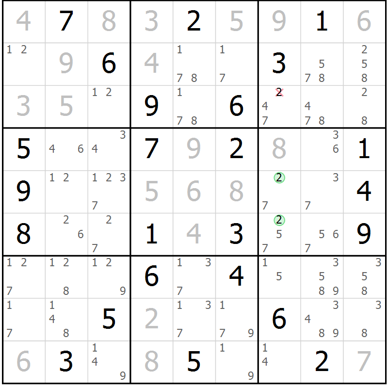 Position des candidats pour la solution de la Gr 58 page 61 du magazine de sudoku Maestro n° 104
