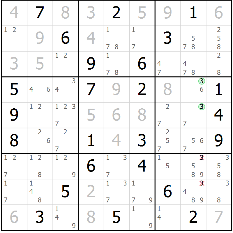 Position des candidats pour la solution de la Gr 58 page 61 du magazine de sudoku Maestro n° 104
