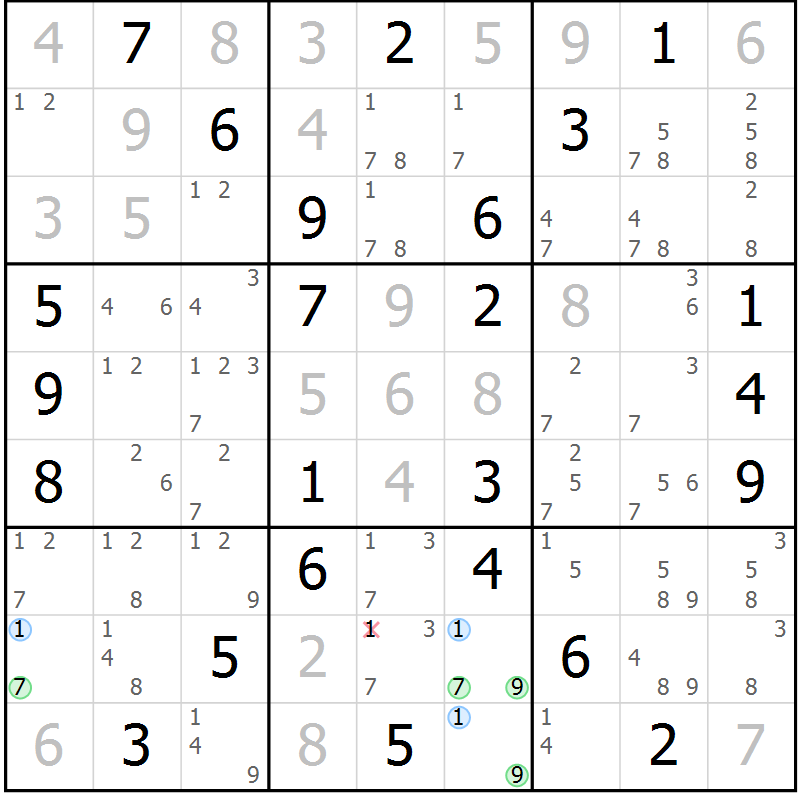 Position des candidats pour la solution de la Gr 58 page 61 du magazine de sudoku Maestro n° 104