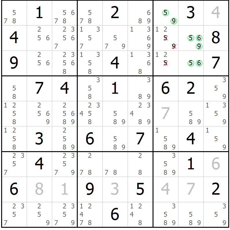 Position des candidats pour la solution de la Gr 59 page 62 du magazine de sudoku Maestro n° 104