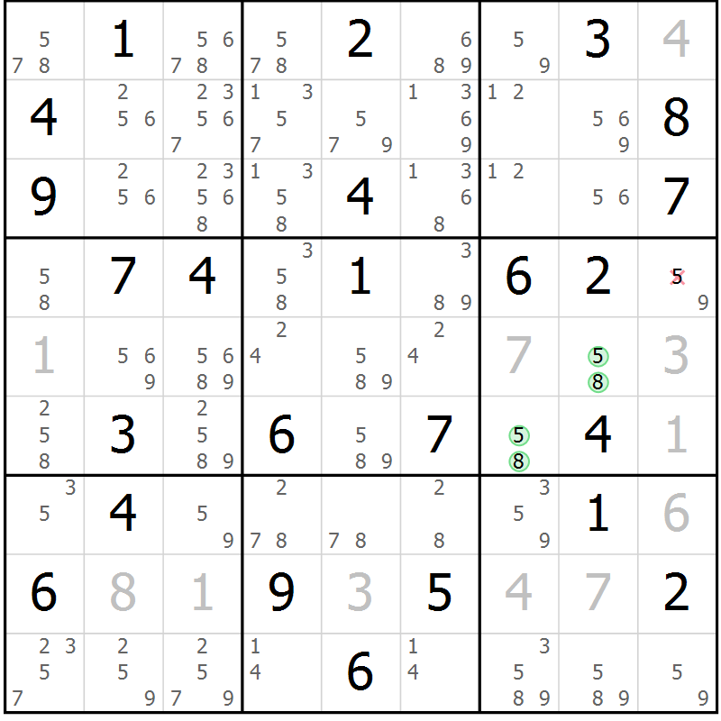 Position des candidats pour la solution de la Gr 59 page 62 du magazine de sudoku Maestro n° 104