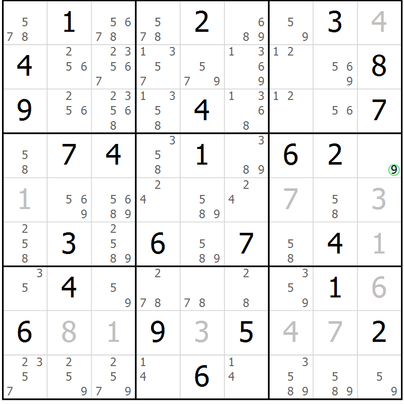 Position des candidats pour la solution de la Gr 59 page 62 du magazine de sudoku Maestro n° 104