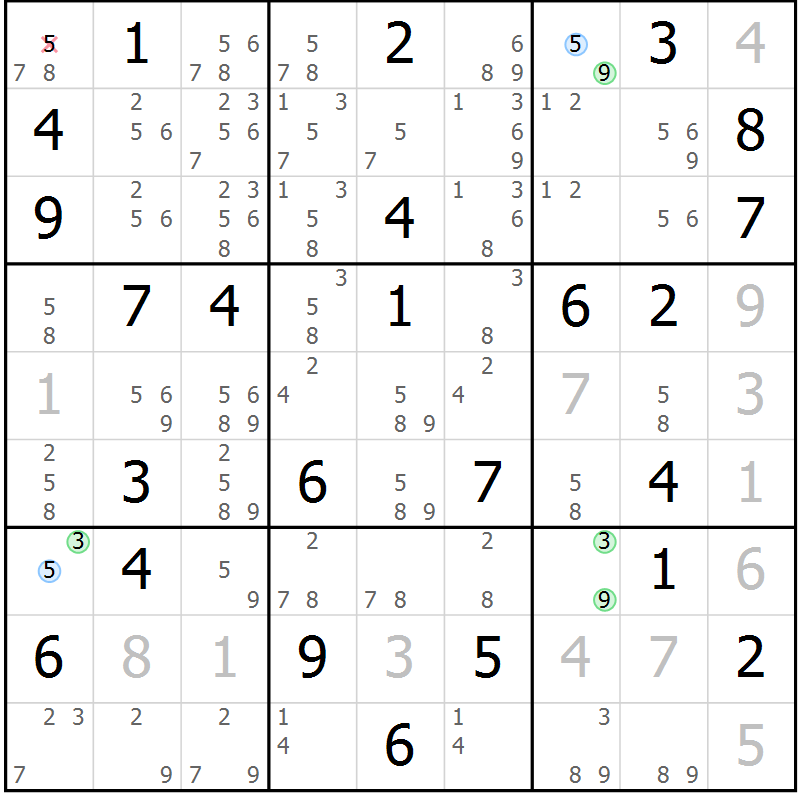 Position des candidats pour la solution de la Gr 59 page 62 du magazine de sudoku Maestro n° 104