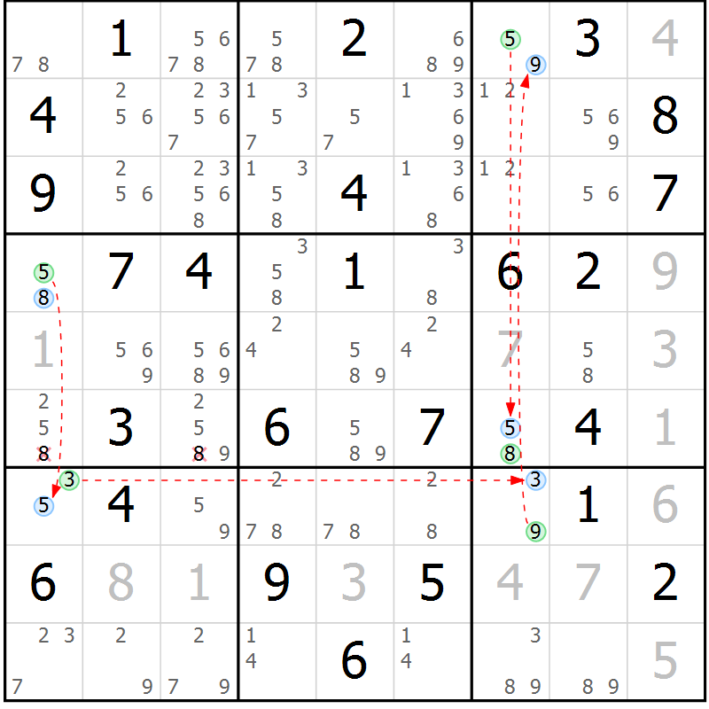 Position des candidats pour la solution de la Gr 59 page 62 du magazine de sudoku Maestro n° 104