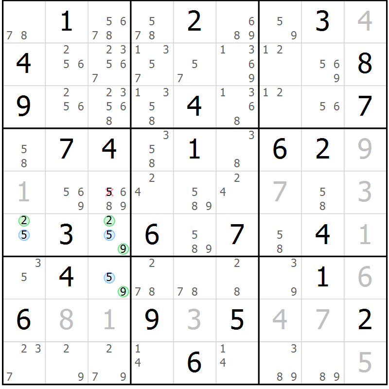 Position des candidats pour la solution de la Gr 59 page 62 du magazine de sudoku Maestro n° 104