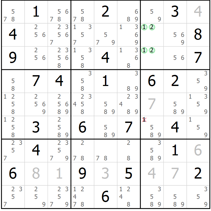 Position des candidats pour la solution de la Gr 59 page 62 du magazine de sudoku Maestro n° 104