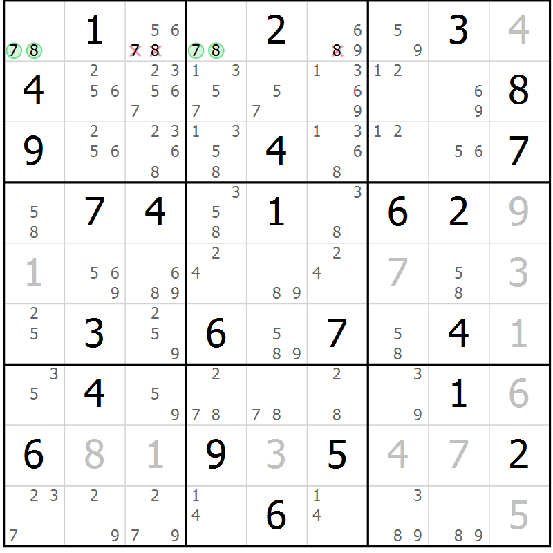 Position des candidats pour la solution de la Gr 59 page 62 du magazine de sudoku Maestro n° 104