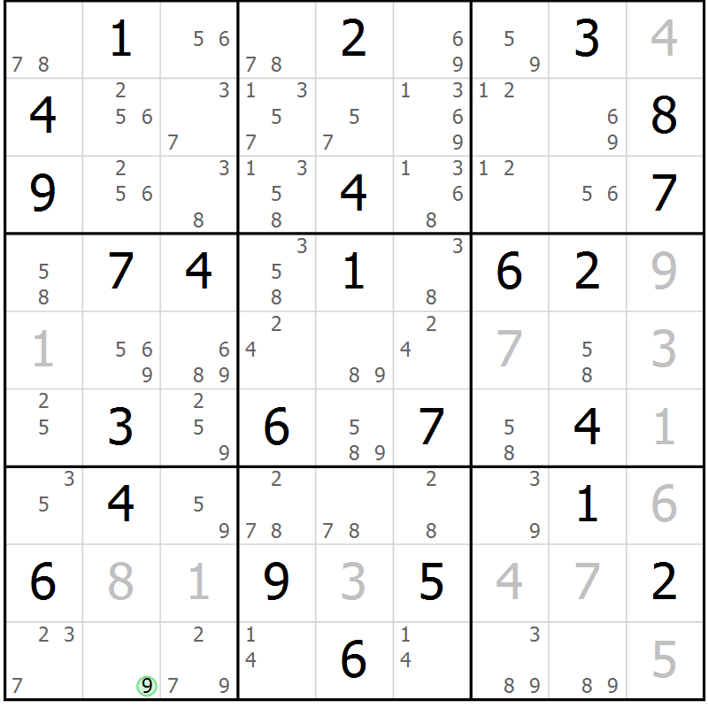 Position des candidats pour la solution de la Gr 59 page 62 du magazine de sudoku Maestro n° 104