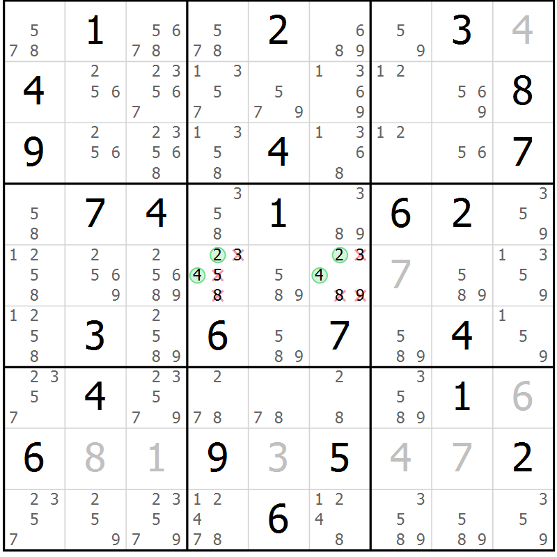 Position des candidats pour la solution de la Gr 59 page 62 du magazine de sudoku Maestro n° 104