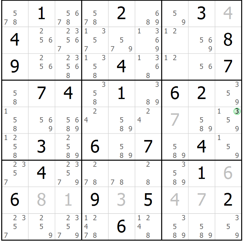 Position des candidats pour la solution de la Gr 59 page 62 du magazine de sudoku Maestro n° 104