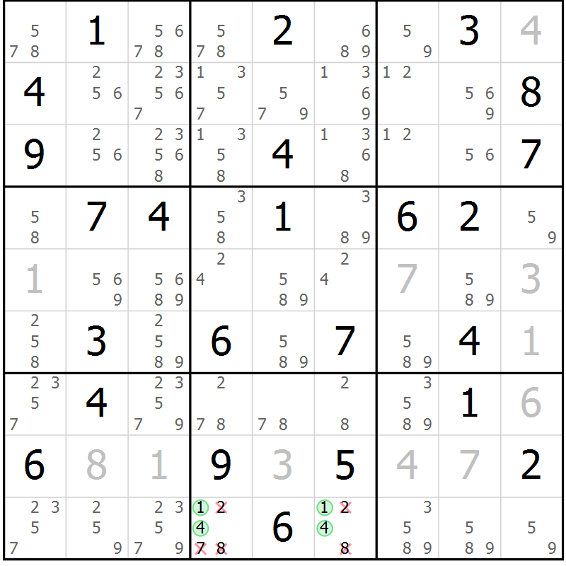 Position des candidats pour la solution de la Gr 59 page 62 du magazine de sudoku Maestro n° 104