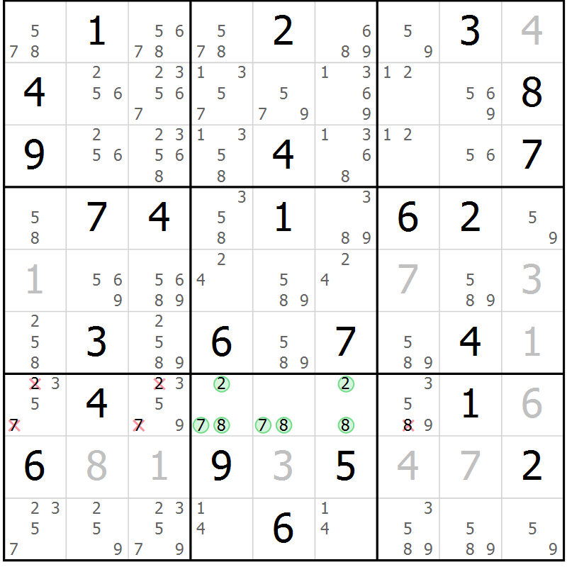 Position des candidats pour la solution de la Gr 59 page 62 du magazine de sudoku Maestro n° 104