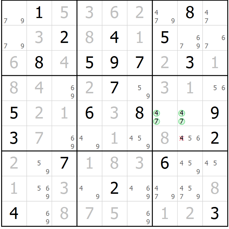 Position des candidats pour la solution de la Gr 6 page 9 du magazine de sudoku Maestro n° 104