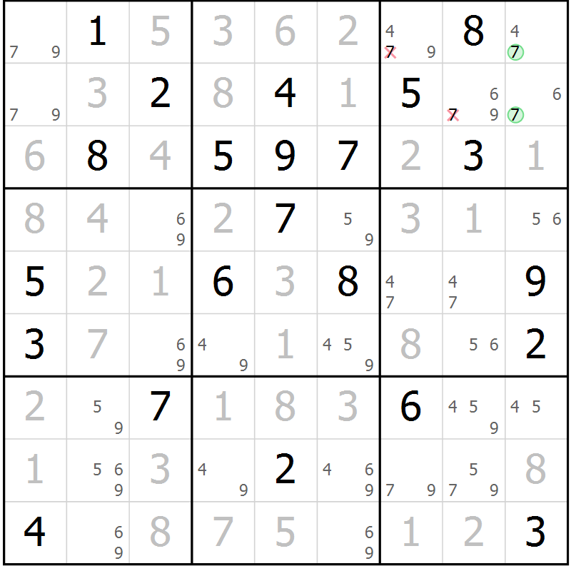 Position des candidats pour la solution de la Gr 6 page 9 du magazine de sudoku Maestro n° 104