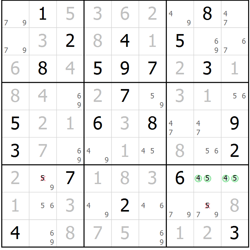 Position des candidats pour la solution de la Gr 6 page 9 du magazine de sudoku Maestro n° 104