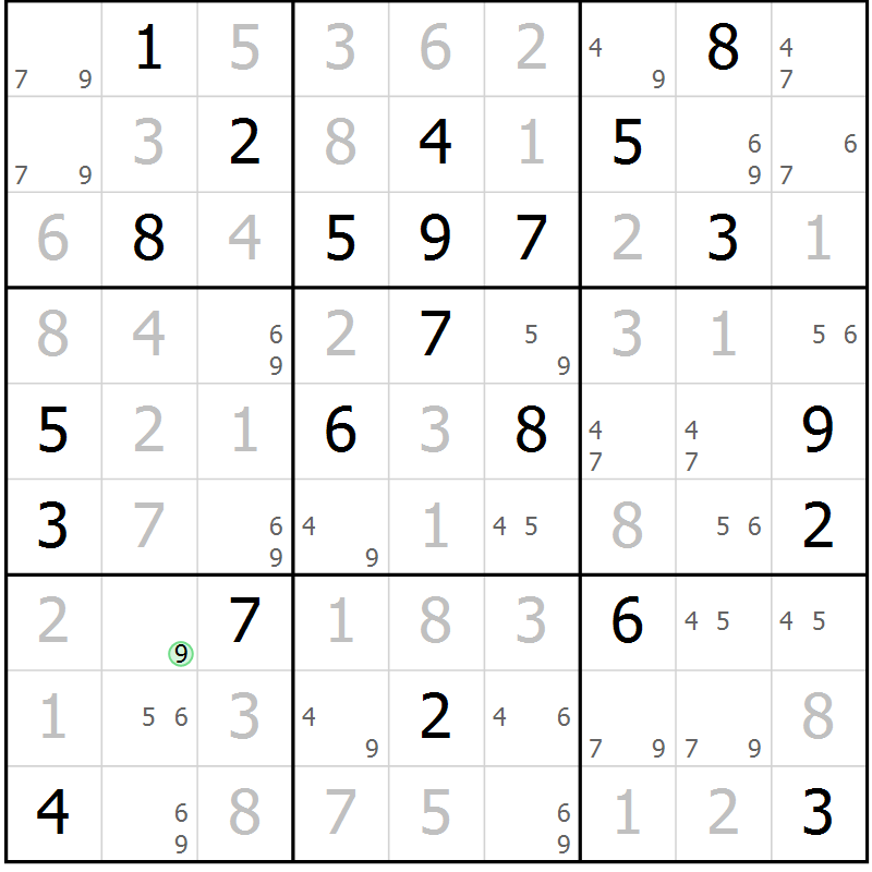Position des candidats pour la solution de la Gr 6 page 9 du magazine de sudoku Maestro n° 104