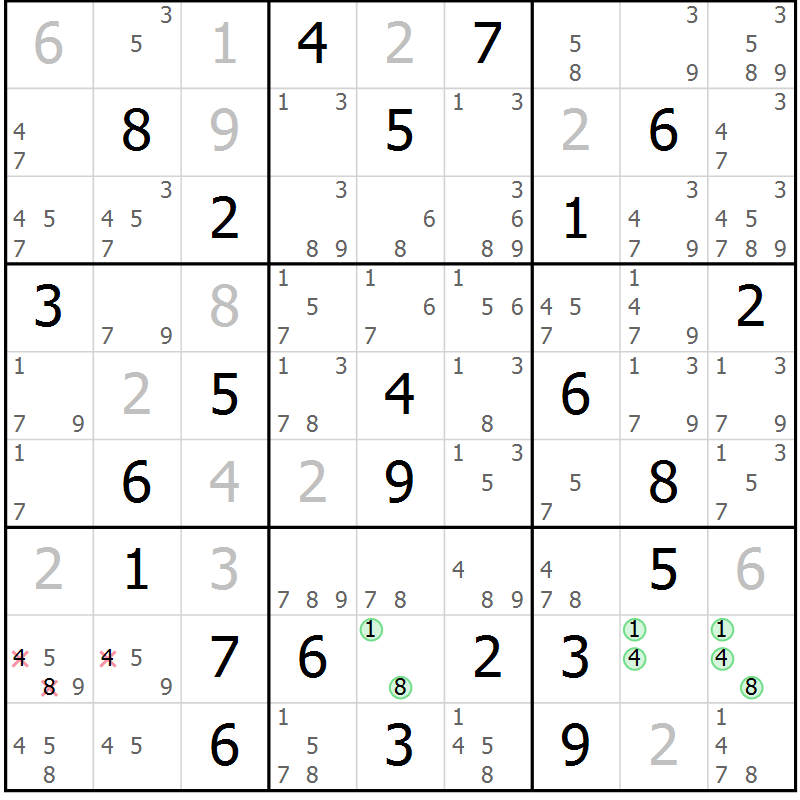 Position des candidats pour la solution de la Gr 60 page 63 du magazine de sudoku Maestro n° 104