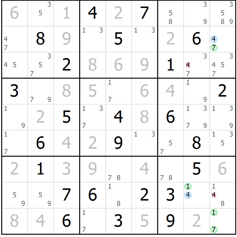 Position des candidats pour la solution de la Gr 60 page 63 du magazine de sudoku Maestro n° 104