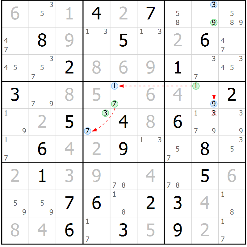 Position des candidats pour la solution de la Gr 60 page 63 du magazine de sudoku Maestro n° 104