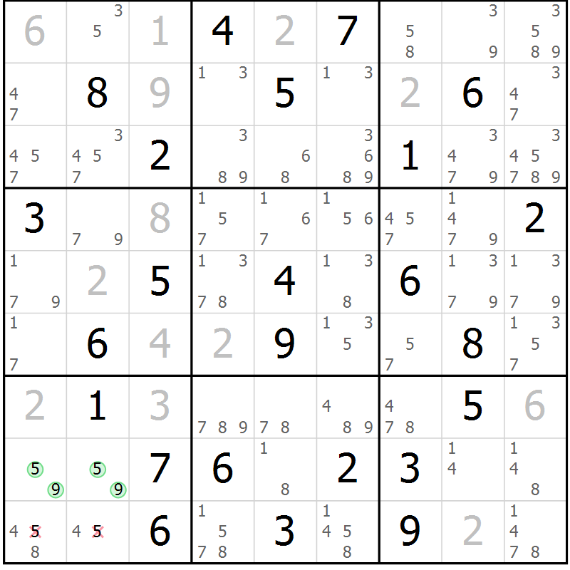 Position des candidats pour la solution de la Gr 60 page 63 du magazine de sudoku Maestro n° 104