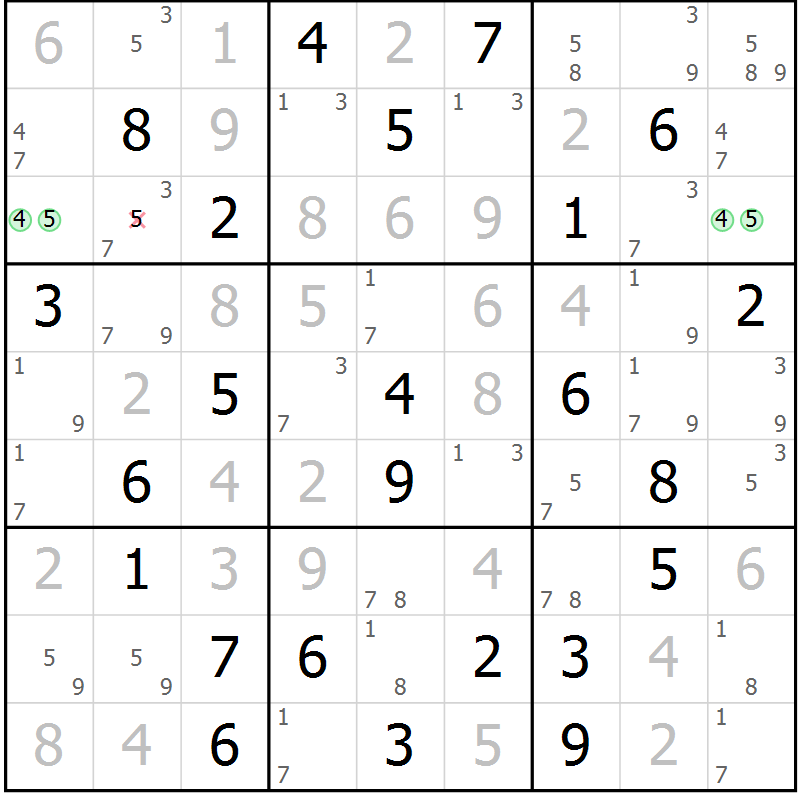 Position des candidats pour la solution de la Gr 60 page 63 du magazine de sudoku Maestro n° 104