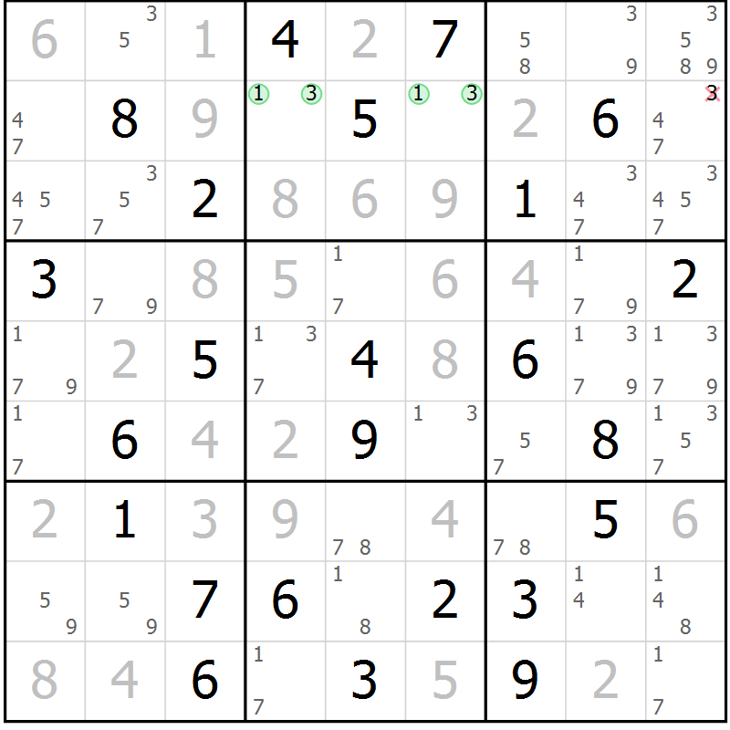 Position des candidats pour la solution de la Gr 60 page 63 du magazine de sudoku Maestro n° 104