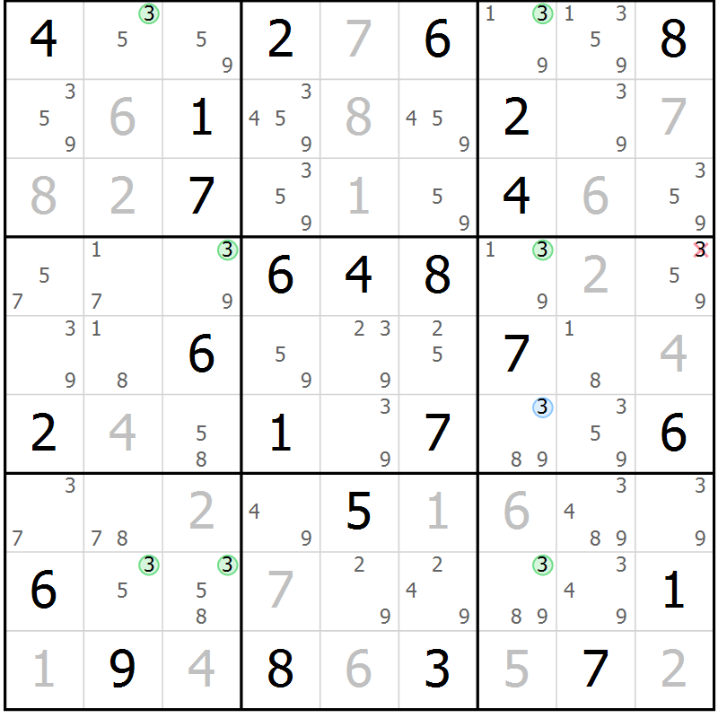 Position des candidats pour la solution de la Gr 61 page 64 du magazine de sudoku Maestro n° 104