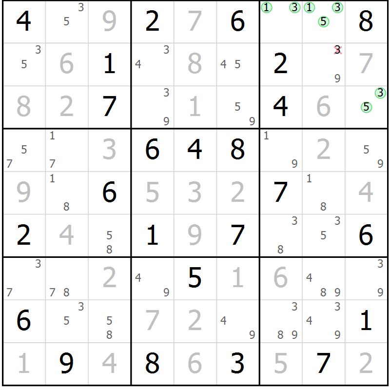 Position des candidats pour la solution de la Gr 61 page 64 du magazine de sudoku Maestro n° 104