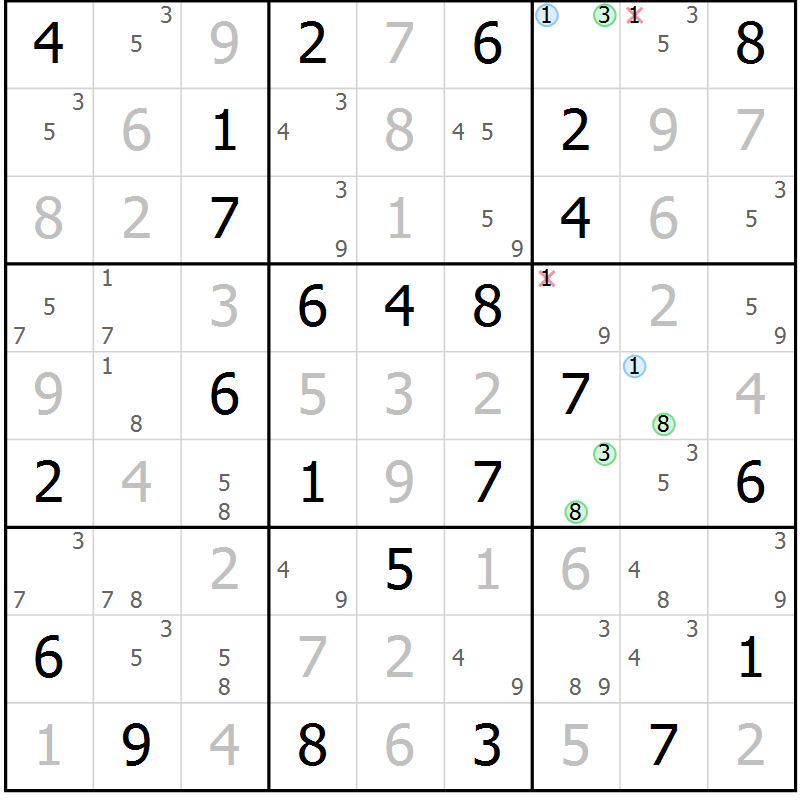 Position des candidats pour la solution de la Gr 61 page 64 du magazine de sudoku Maestro n° 104