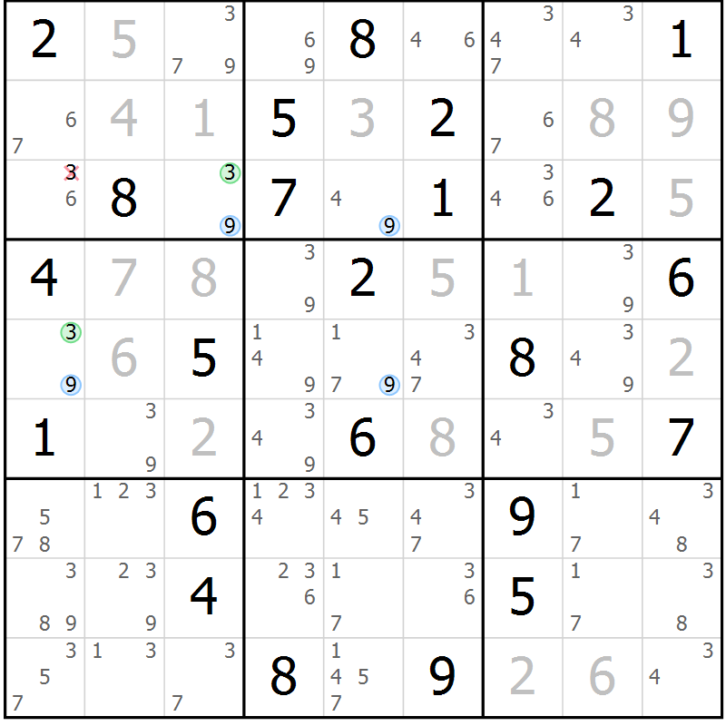 Position des candidats pour la solution de la Gr 62 page 65 du magazine de sudoku Maestro n° 104