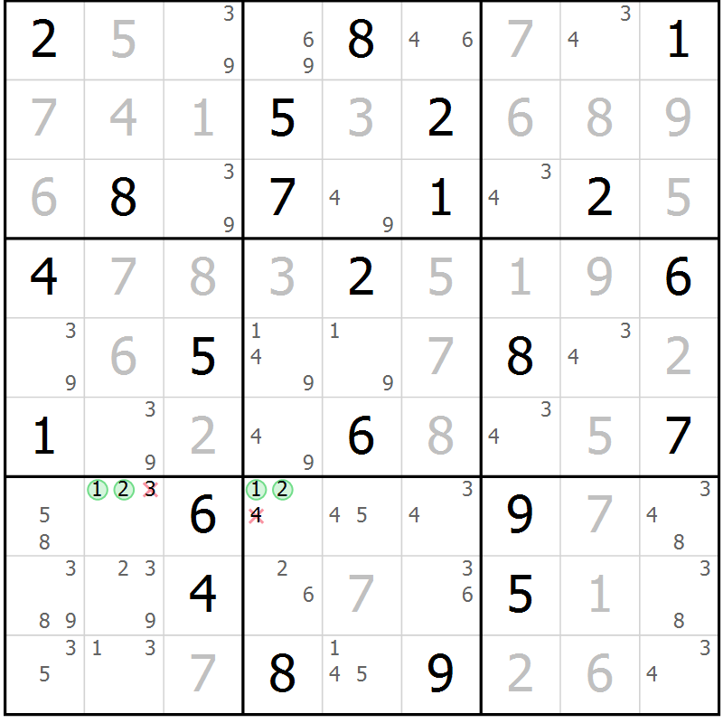 Position des candidats pour la solution de la Gr 62 page 65 du magazine de sudoku Maestro n° 104