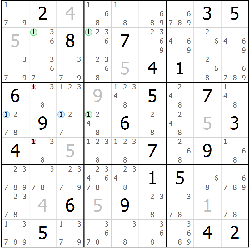 Position des candidats pour la solution de la Gr 63 page 66 du magazine de sudoku Maestro n° 104