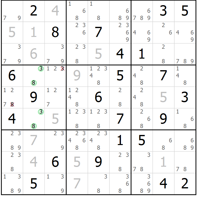 Position des candidats pour la solution de la Gr 63 page 66 du magazine de sudoku Maestro n° 104