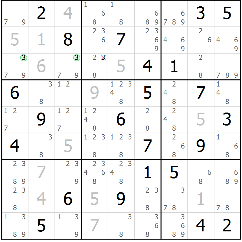 Position des candidats pour la solution de la Gr 63 page 66 du magazine de sudoku Maestro n° 104