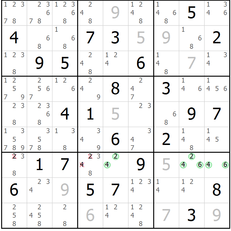 Position des candidats pour la solution de la Gr 64 page 67 du magazine de sudoku Maestro n° 104