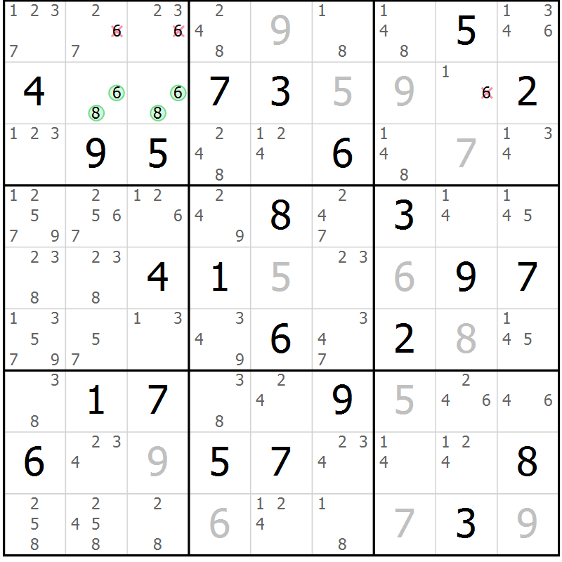 Position des candidats pour la solution de la Gr 64 page 67 du magazine de sudoku Maestro n° 104