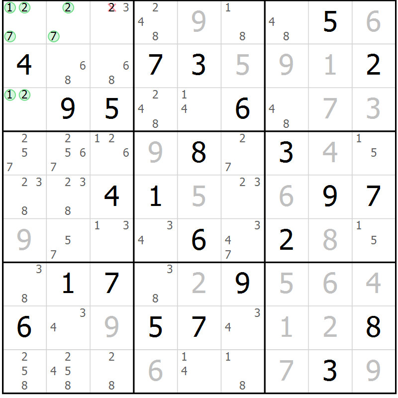 Position des candidats pour la solution de la Gr 64 page 67 du magazine de sudoku Maestro n° 104
