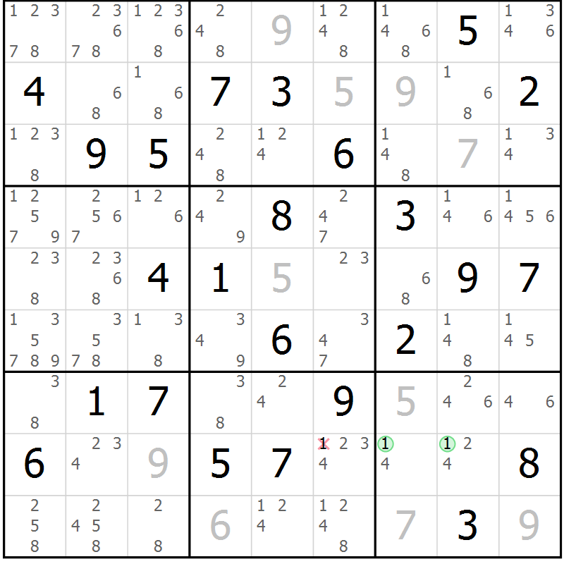 Position des candidats pour la solution de la Gr 64 page 67 du magazine de sudoku Maestro n° 104