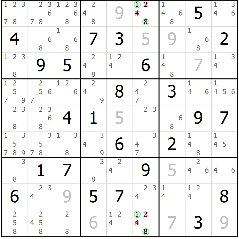 Position des candidats pour la solution de la Gr 64 page 67 du magazine de sudoku Maestro n° 104