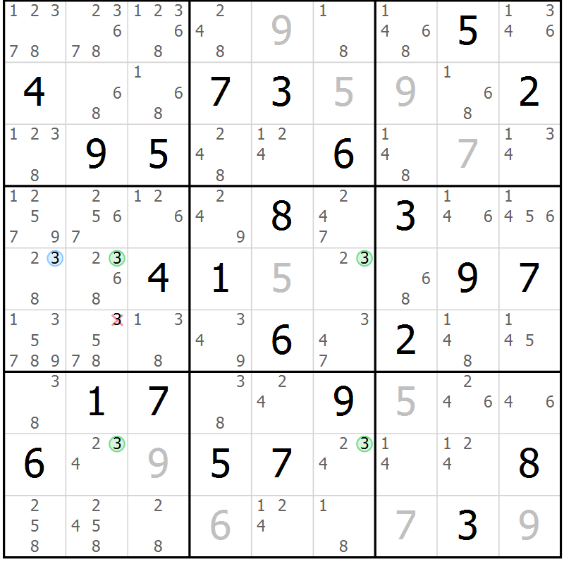 Position des candidats pour la solution de la Gr 64 page 67 du magazine de sudoku Maestro n° 104