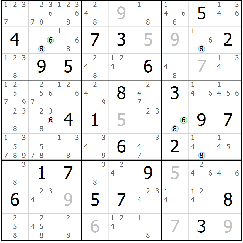 Position des candidats pour la solution de la Gr 64 page 67 du magazine de sudoku Maestro n° 104