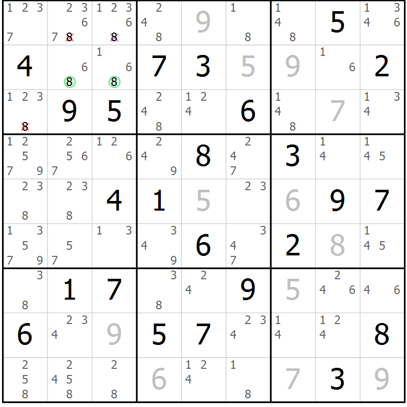 Position des candidats pour la solution de la Gr 64 page 67 du magazine de sudoku Maestro n° 104